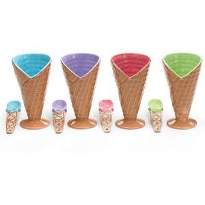  Set Of 4 Large Ice Cream Cone Dishes/Bowls With Spoon 