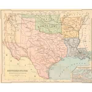   1884 Antique Map of the Southern US Western Division  