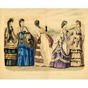  1871 Hand Colored Print Victorian Fashion Dresses Hats 