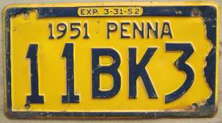 1951 1952 PENNSYLVANIA LICENSE PLATE # 11BK3  