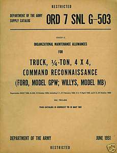 Military Manual Ford GPW Willys MB Jeep ORD 7 SNL G 503  