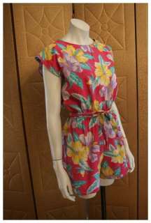 Vintage 80s Pink Red Yellow Floral Short Rompers M  