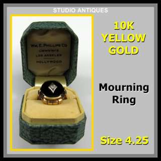 MOURNING RING Vintage 10K YELLOW GOLD Size 4.25 BLACK ONYX & DIAMOND 4 