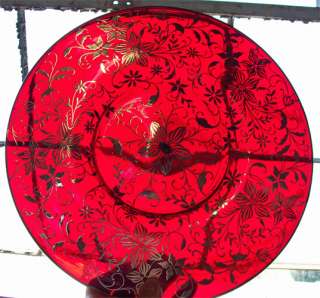 SILVER OVERLAY Antique RUBY RED GLASS PLATE Vintage Dish Charger 