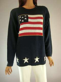 American Flag Womens Sweater Navy Blue Gold Sparkle size Large Norton 