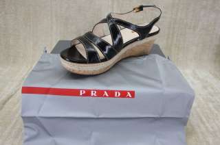 NIB Prada Criss Cross Cork platform Sandals 40 / 10 New Black Patent 