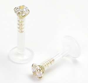 BioPlastic Labret with 14kt Yellow Gold Prong CZ 14g  