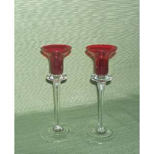  2 Tall Glass Candle Stick Holders Red 