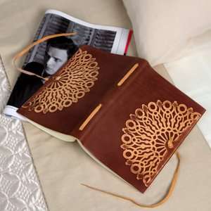   Tooled Border Brown Italian Leather Journal with Bead 
