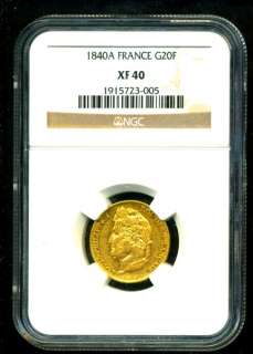 1840 A FRANCE LOUIS PH GOLD COIN 20 FRANCS * NGC CERTIFIED GENUINE 