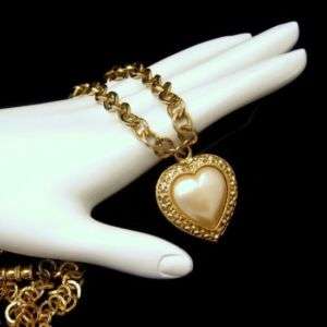 1928 Vintage Long Necklace 2 Double Sided Faux Pearl Heart Pendant 