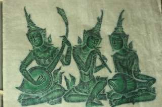   1960s Thailand Temple Rubbing Blue Green Musicians Wat Po Rice Paper