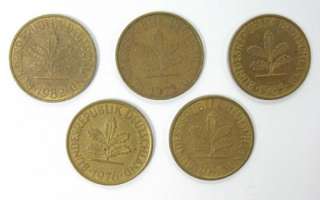   lot of 5 germany coins of 10 pfennig from 1972 1976 1981 1982 1985
