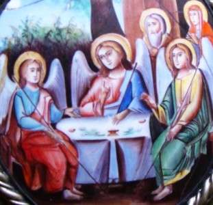   Icon   Hand Painted Enamel  c1880  THREE ANGELS SITTING AT TABLE