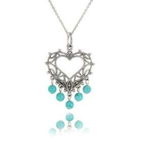   Silver Marcasite Synthetic Turquoise Beads Heart Pendant, 18 Jewelry