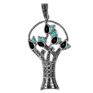   & Black Onyx/Turquoise Bouquet of Flowers Marcasite Pendant Jewelry