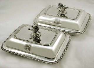 Pair English Sterling Silver Powell Family Entree Dishes 1815 Coat 