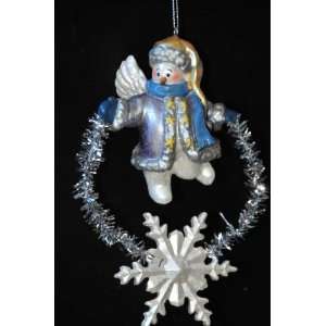   Holiday Ornament in Frosty Wintery Colors. Snowman Angel and Snowflake