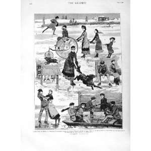  1882 ICE SKATING WINTER SPORT CANADA DOG BOAT PRINT