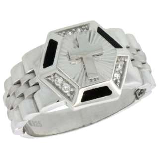 Sterling Silver Mens Watch Band Style Hexagon Ring w/ CZ Stones, 17 