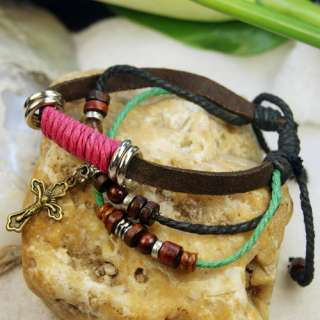 Stylish wood Beads Tibetan Silver Leather Hemp Bracelet  
