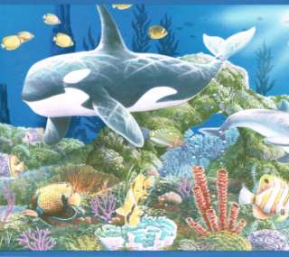 DOLPHIN WHALE TROPICAL FISH BLUE GREEN BACKGROUND 10 1/4 Wallpaper 