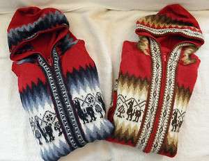   PERU Hooded Sweater Alpaca & Wool Llama Design full zipper Red  