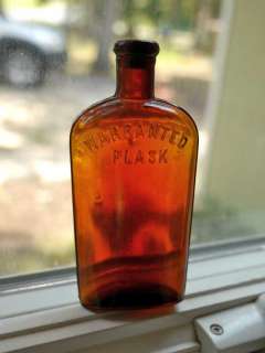 Antique Amber Brown Warranted Whiskey Flask BROOKLYN  