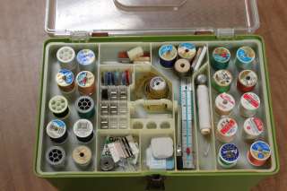   Box w/ Tools Needles Buttons Thread Etc. Many Wooden Spools  