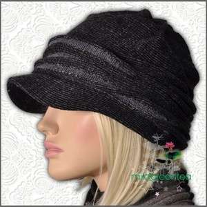 SH808 Black Knit Soft Visor Beanie Women Hat Cap Newsboy Vogue  