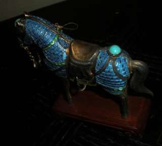 Chinese Silver Sterling Enamel Statue Horse Turquoise Inlay Marked 