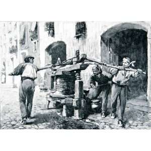 1901 Print Men Wine Press Lerida Spain Street Scene Costume Fashion 
