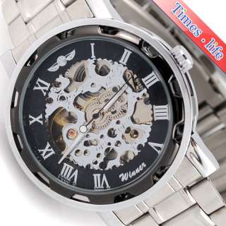 Black Face Automatic Winging Silver Skeleton Mens Watch Stainless 