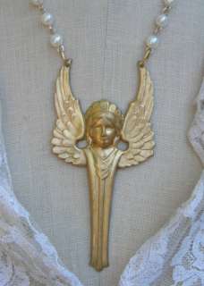   Art Nouveau Winged Wings Angel Necklace Faux Pearl Artisan Brass Woman