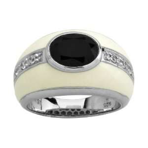 Sterling Silver White Cubic Zirconia and Onyx with White Enamel Women 
