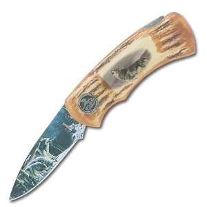  Wildlife Folding Knife Wolf Pack Collector Faux Stag 