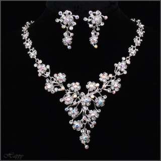 Wedding Flower Bridal Party Jewelry Clear Necklace Set Earring 