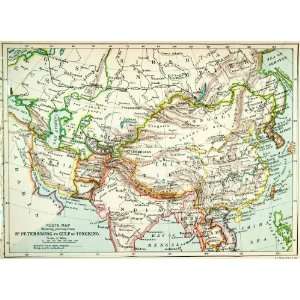 1900 Lithograph Map Asia Europe Russia Mongolia China Vietnam India 