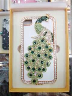 White leather Luxury Pink Peacock Rhinestone Case Cover for iPhone 4 
