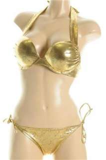 FAMOUS CATALOG 2 PC Ruched Gold Distressed Bikini Misses Swimwear 34B 