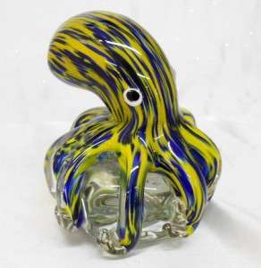   Blown Glass Blue Yellow Octopus Paperweight On Glass Clear Ball  