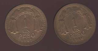 CHILE BEAUTIFUL SET 2 COPPER COINS 1 PESO 1946/7 GREAT  