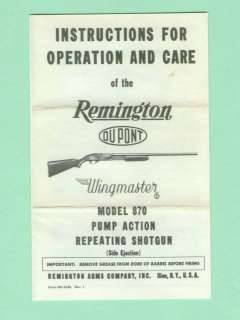 Remington 870 1950s Factory Instruction Manual R.  