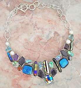 DICHROIC GLASS ABALONE SHELL AMETHYST HUGE NECKLACE .925 STERLING 