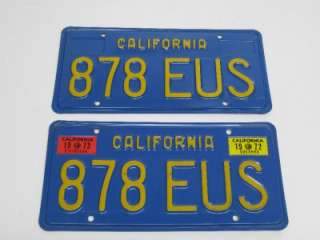CALIFORNIA 1972 1973 license plate PAIR classic blue and gold PAIR 