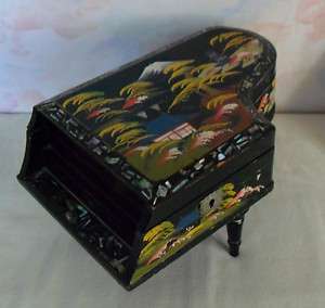 Japanese lacquered jewelry music box black MOP inlay hand painted 
