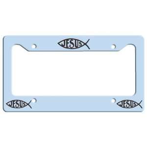  Jesus Fish License Plate Frame   Light Blue/Black 