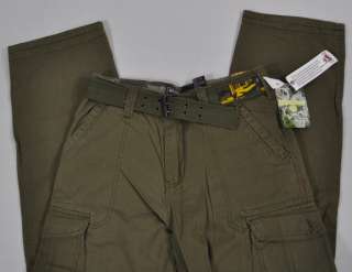 NEW WearFirst Boys Vintage Cotton Cargo Pants Belt Olive Green Size 16