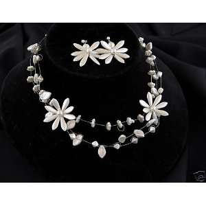  White Pearl Magnolia Flower Necklace Earring Set, Floating 