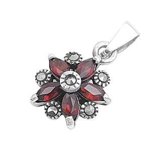    Sterling Silver & Garnet CZ Antique Design Flower Pendant Jewelry